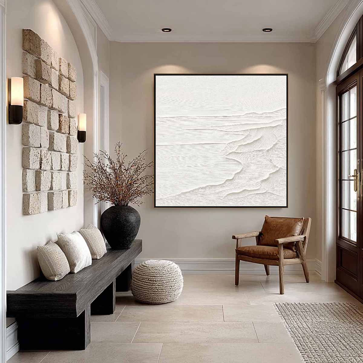 ETERNAL SHORE: Minimalist White Textured Seascape Painting