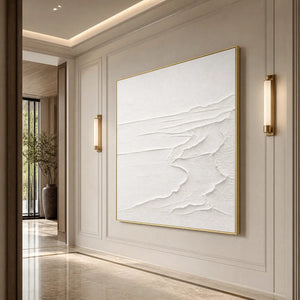 Minimalist white textured seascape painting in gold frame, abstract wall art