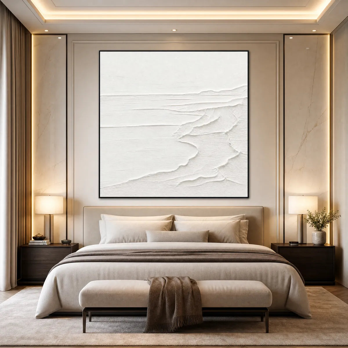 Minimalist white textured seascape wall art above a neutral bed