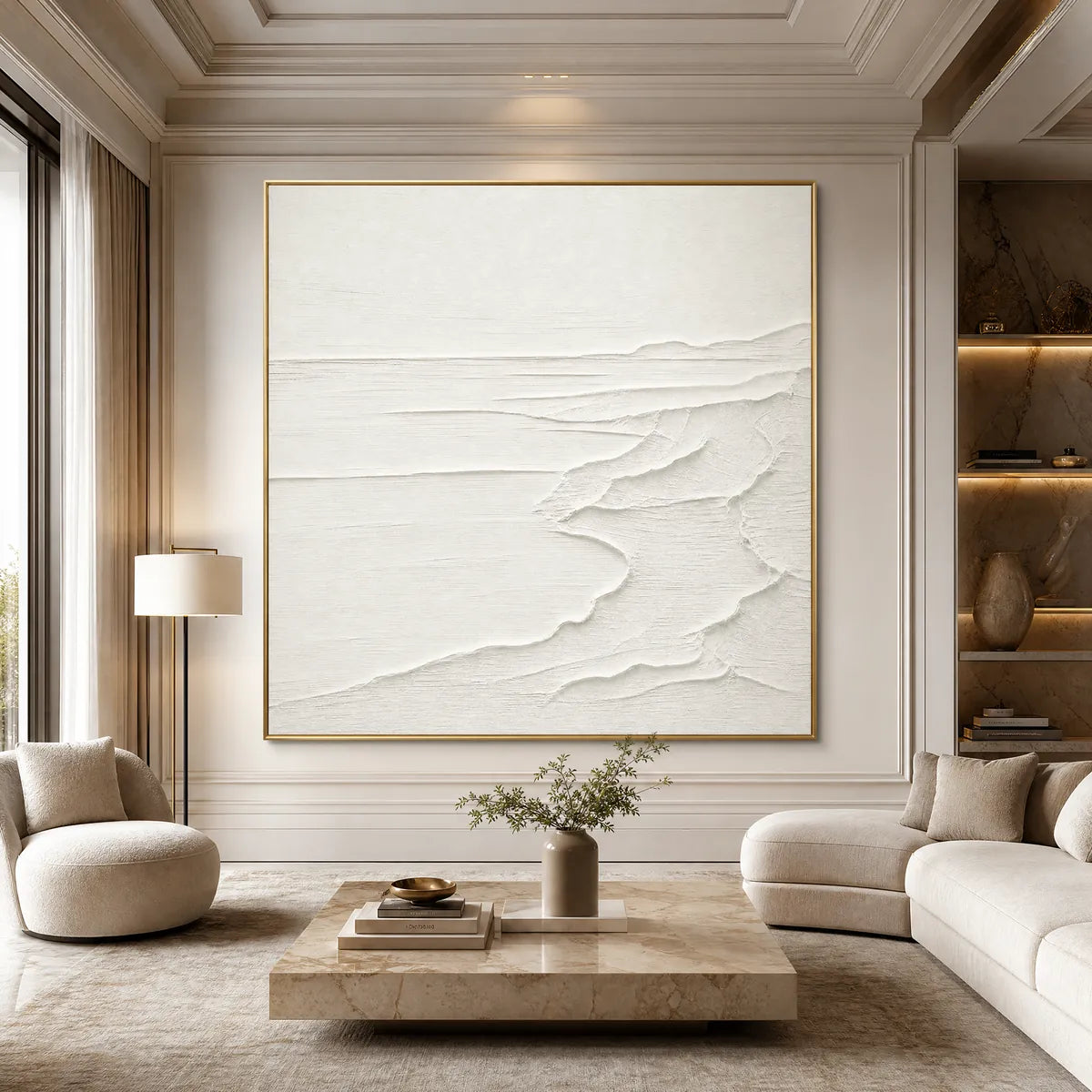 White textured seascape wall art in gold frame, minimalist acrylic painting for modern living room