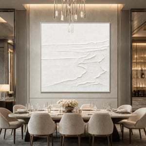 Minimalist white textured seascape wall art in a luxury dining room