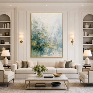 Heavily textured abstract floral garden painting with soft green, blue, and blush tones