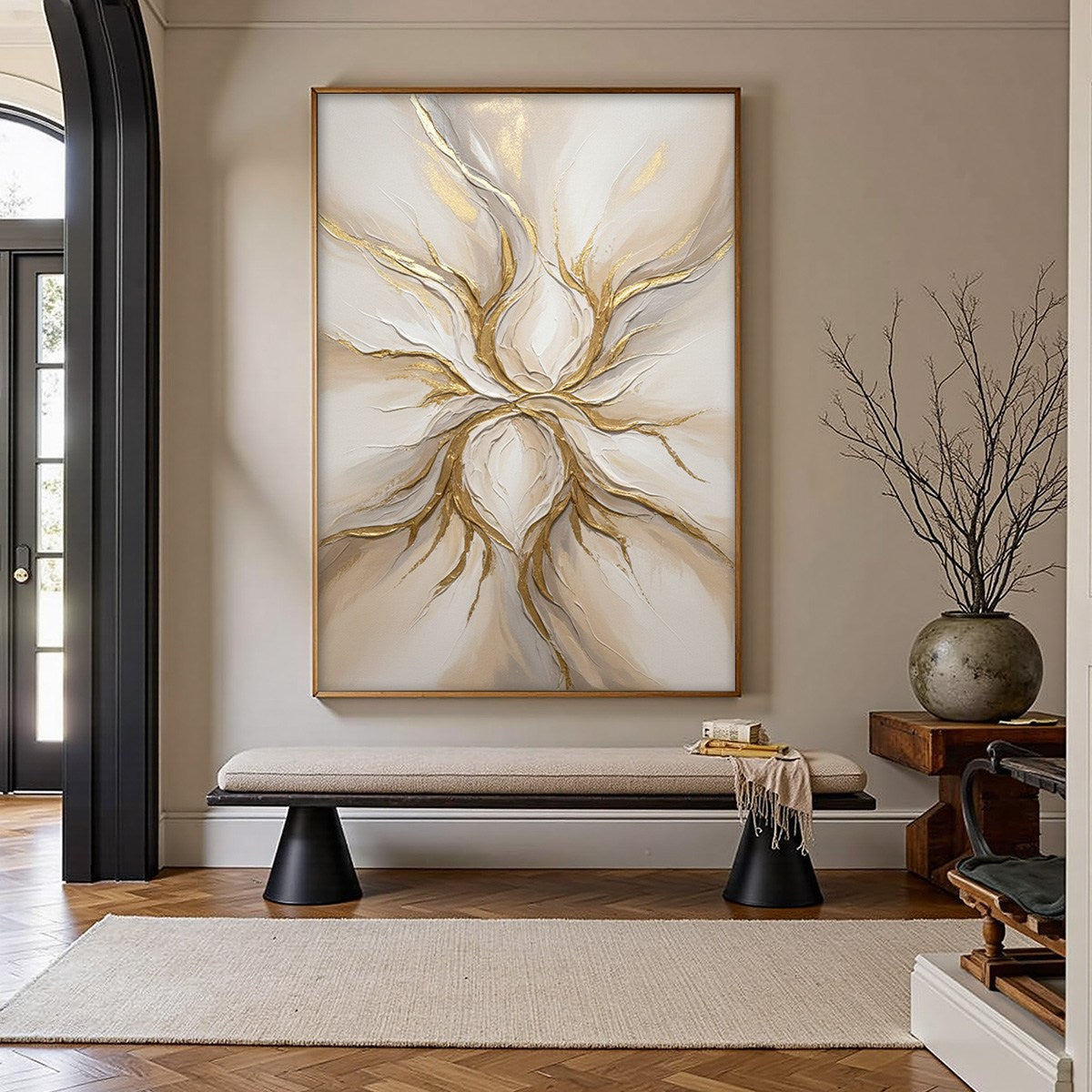 ETHEREAL BLOOM: Textured Gold & White Abstract Floral Painting