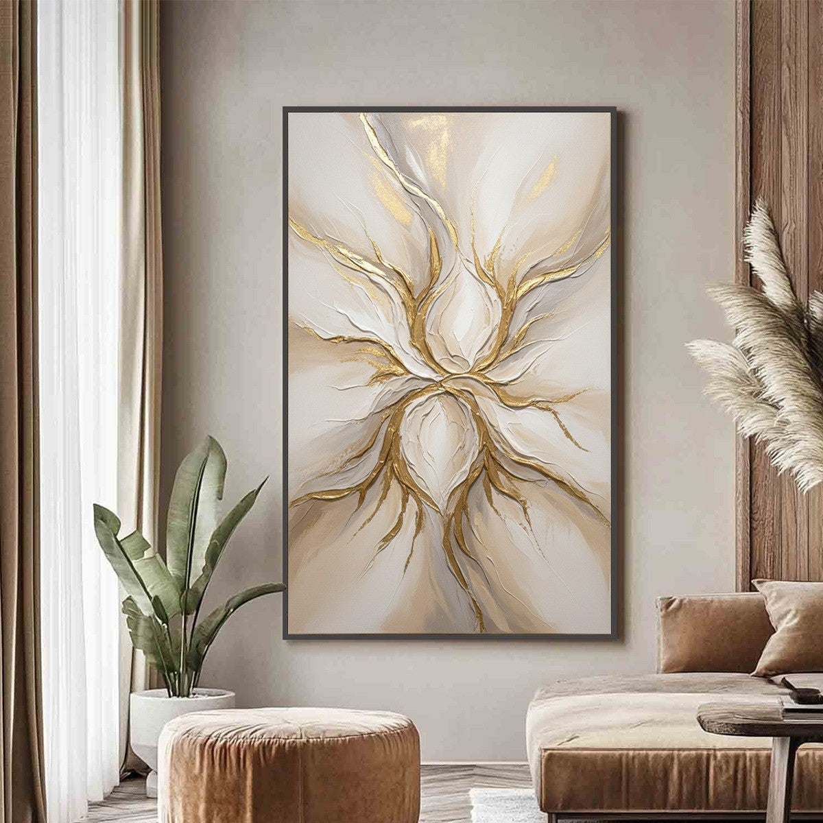 ETHEREAL BLOOM: Textured Gold & White Abstract Floral Painting