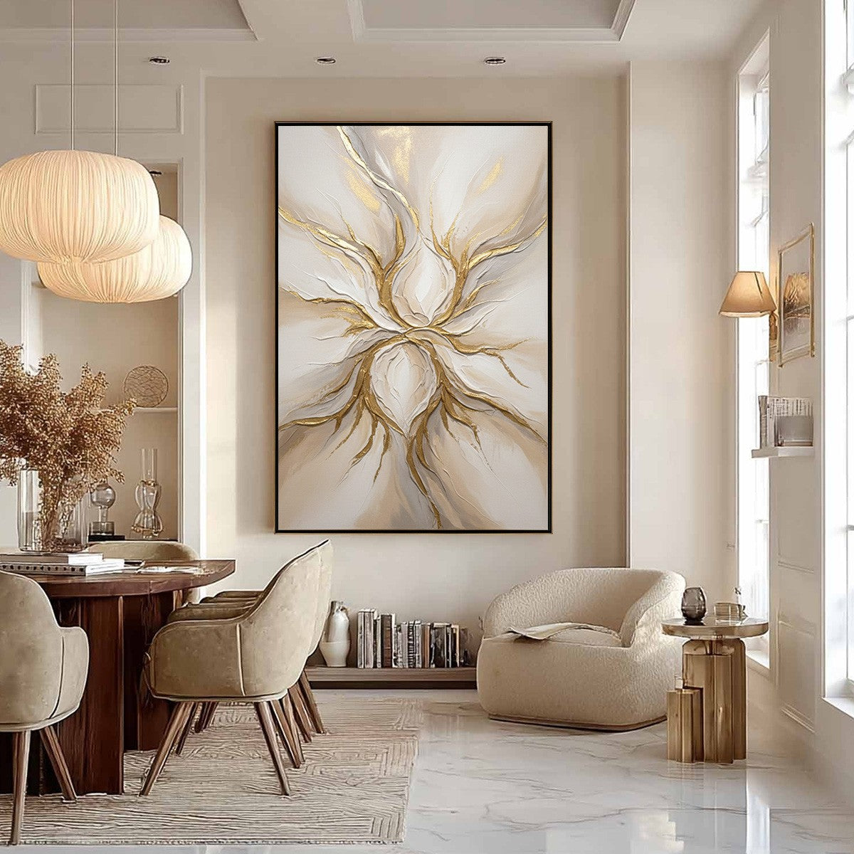 ETHEREAL BLOOM: Textured Gold & White Abstract Floral Painting