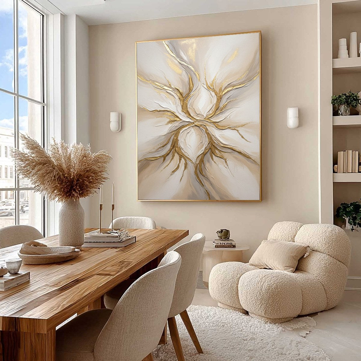 ETHEREAL BLOOM: Textured Gold & White Abstract Floral Painting