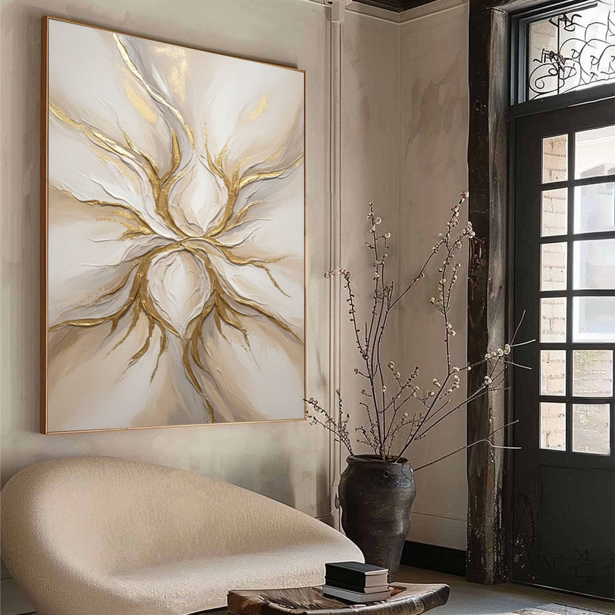 ETHEREAL BLOOM: Textured Gold & White Abstract Floral Painting
