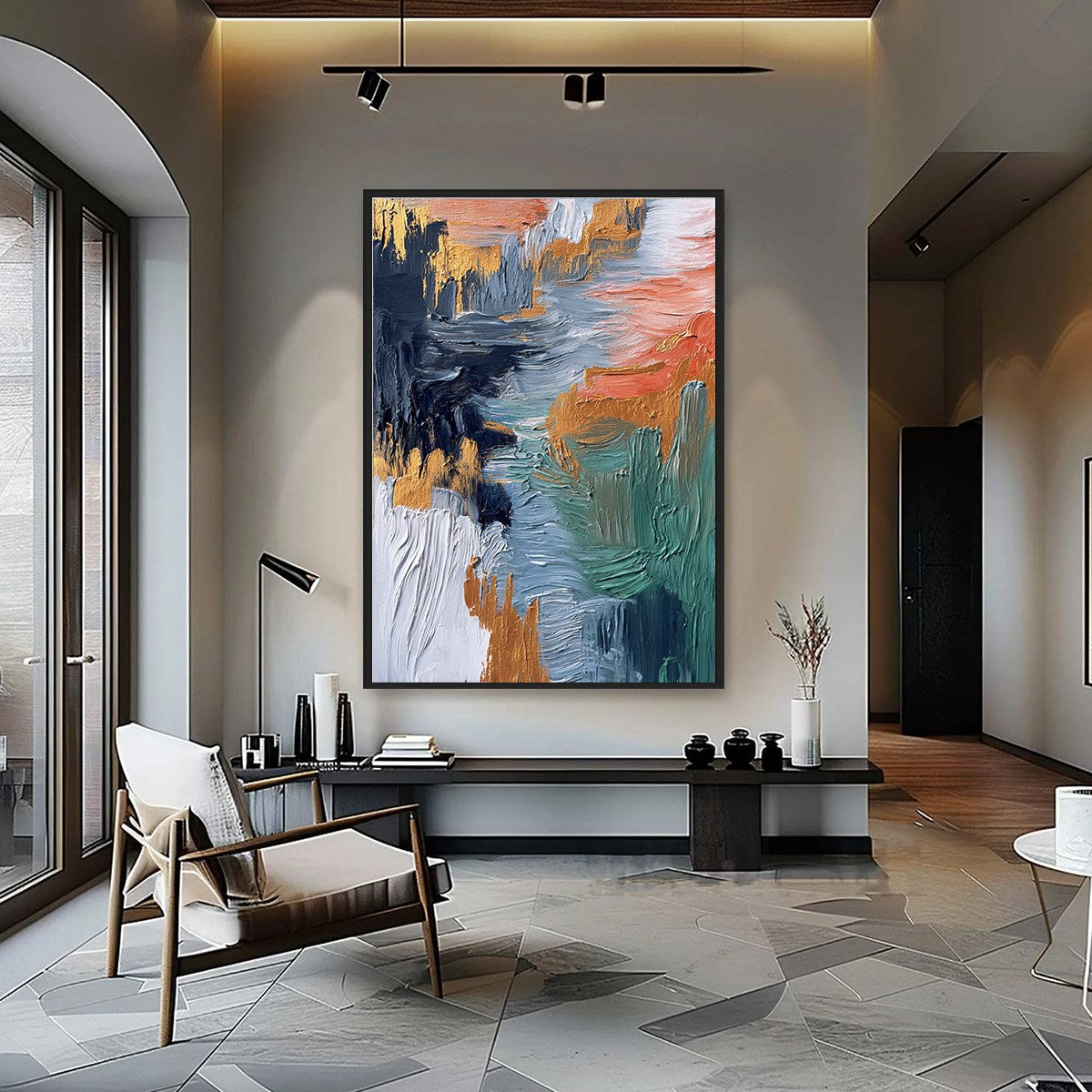 ETHEREAL CASCADE: Textured Vertical Abstract Art with Gold Accents