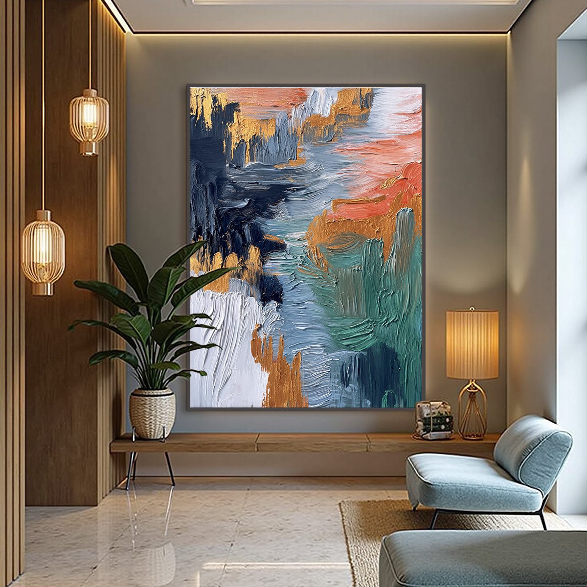 Original abstract wall art 'Ethereal Cascade' with impasto texture and gold accents.
