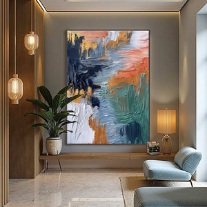 Original abstract wall art 'Ethereal Cascade' with impasto texture and gold accents.