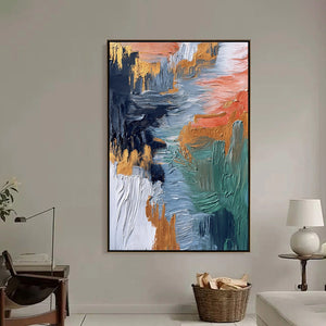 Original textured vertical abstract painting with gold, indigo, and green impasto
