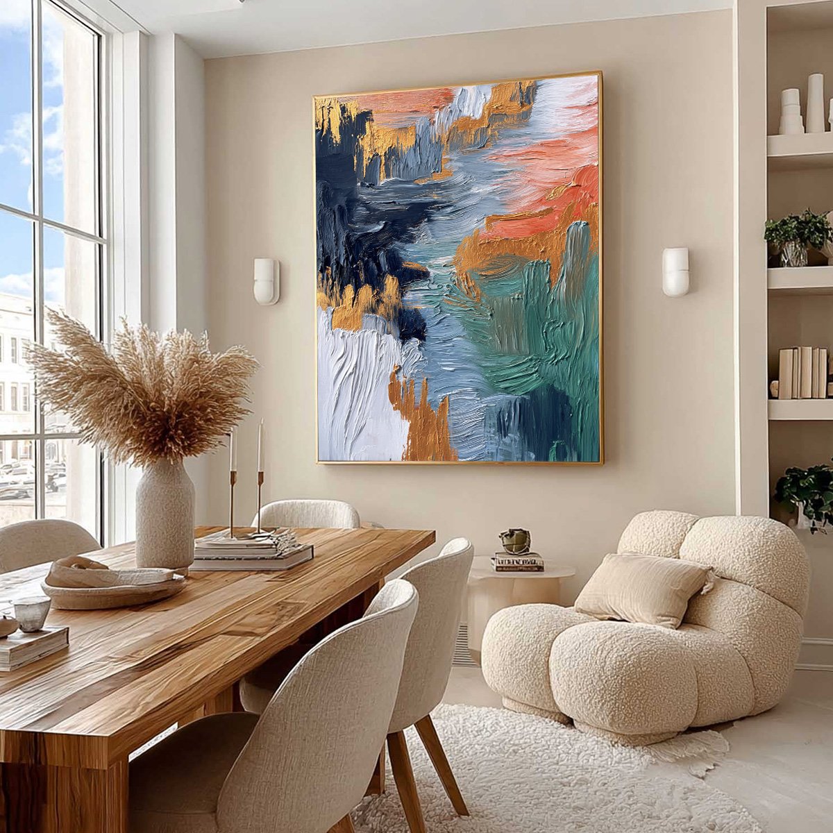 Textured vertical abstract art 'Ethereal Cascade' with gold accents.