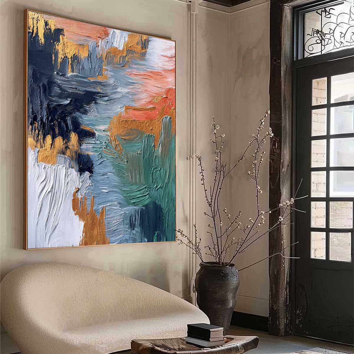 Textured vertical abstract art with gold accents: Ethereal Cascade