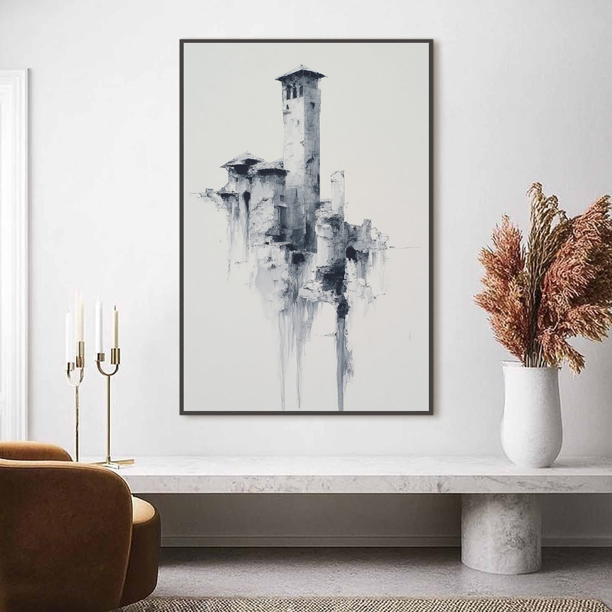 ETHEREAL CITADEL: Minimalist Monochrome Architectural Painting