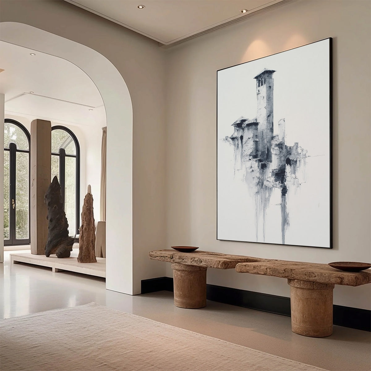 ETHEREAL CITADEL: Minimalist Monochrome Architectural Painting