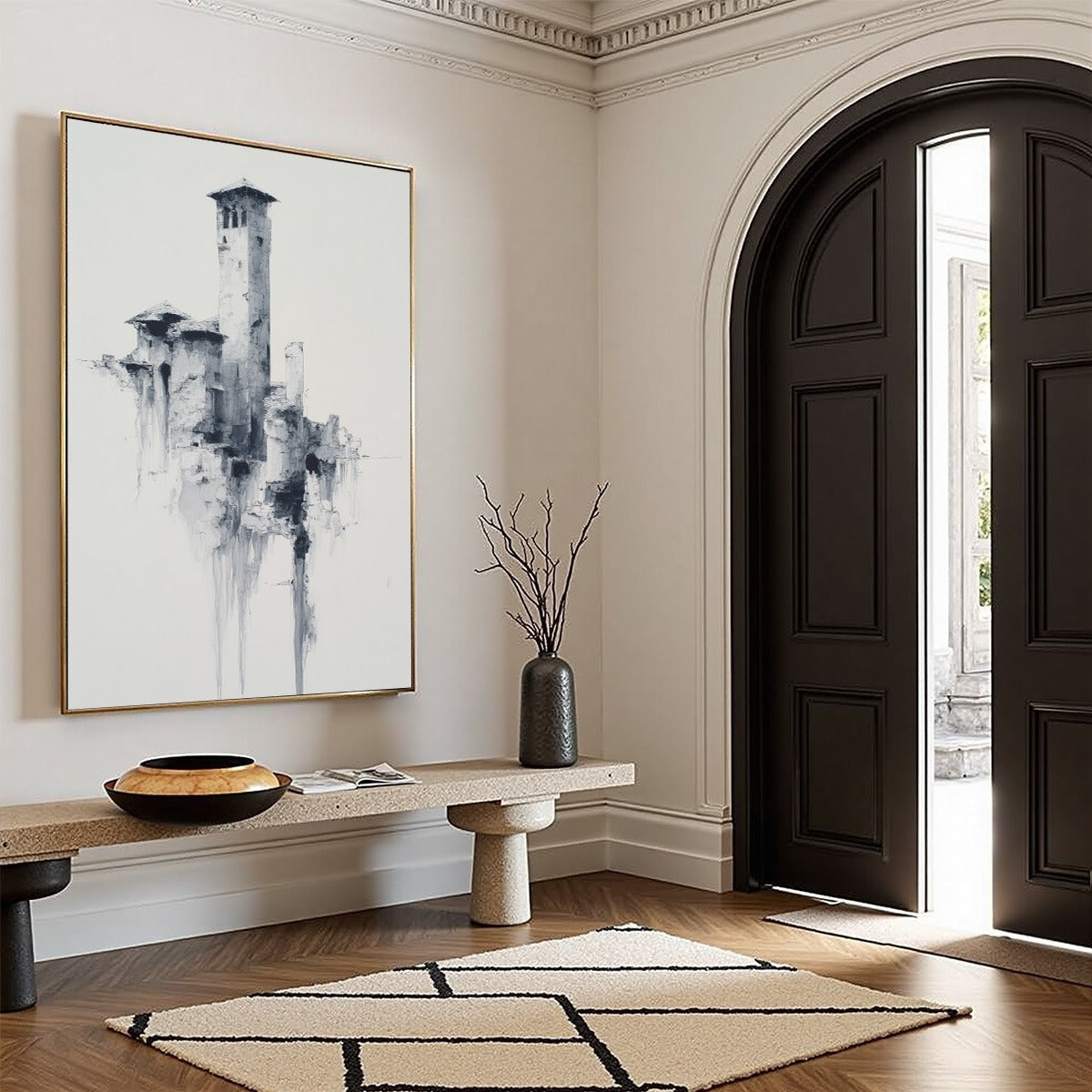 ETHEREAL CITADEL: Minimalist Monochrome Architectural Painting