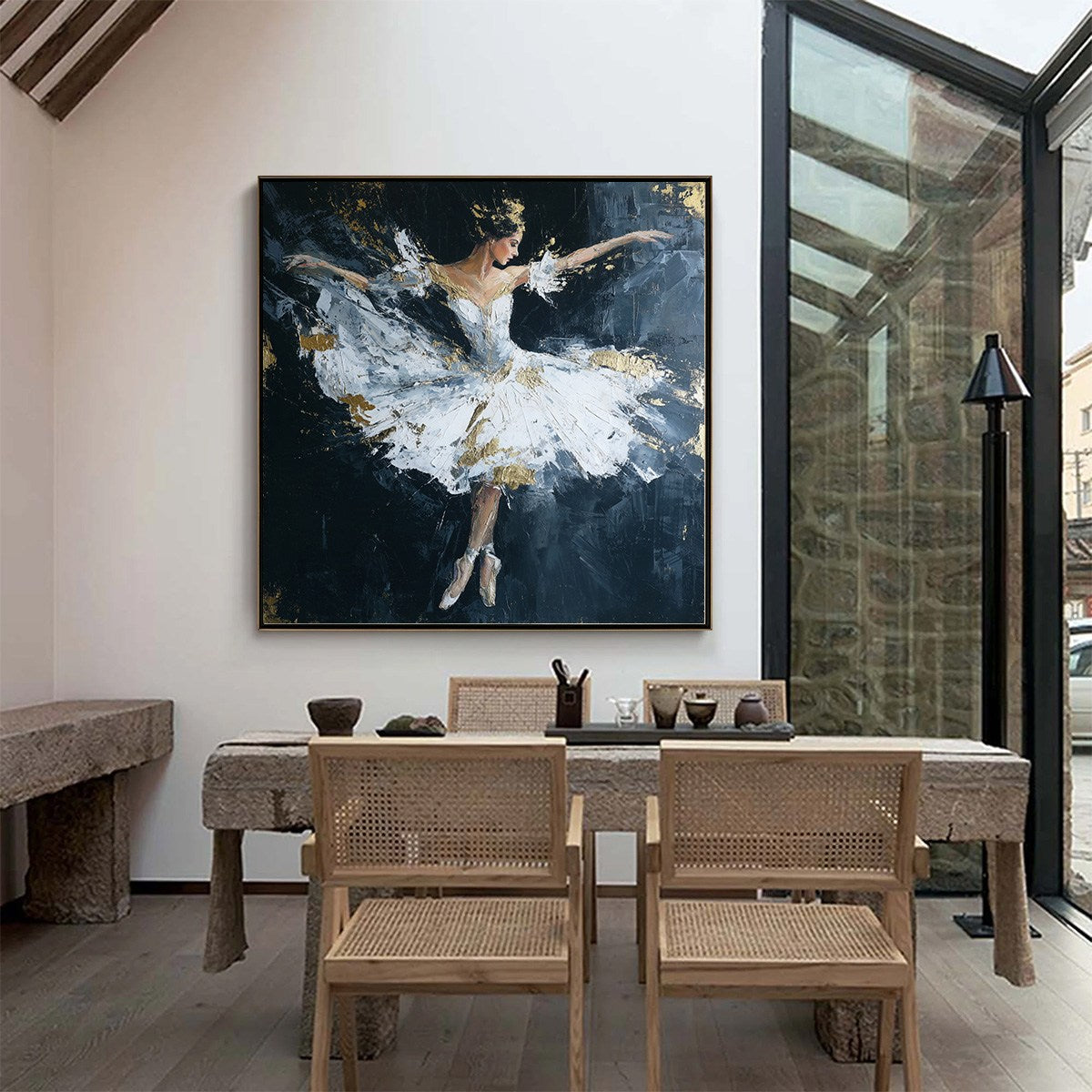 ETHEREAL POISE: Textured Gold Leaf Ballerina Painting