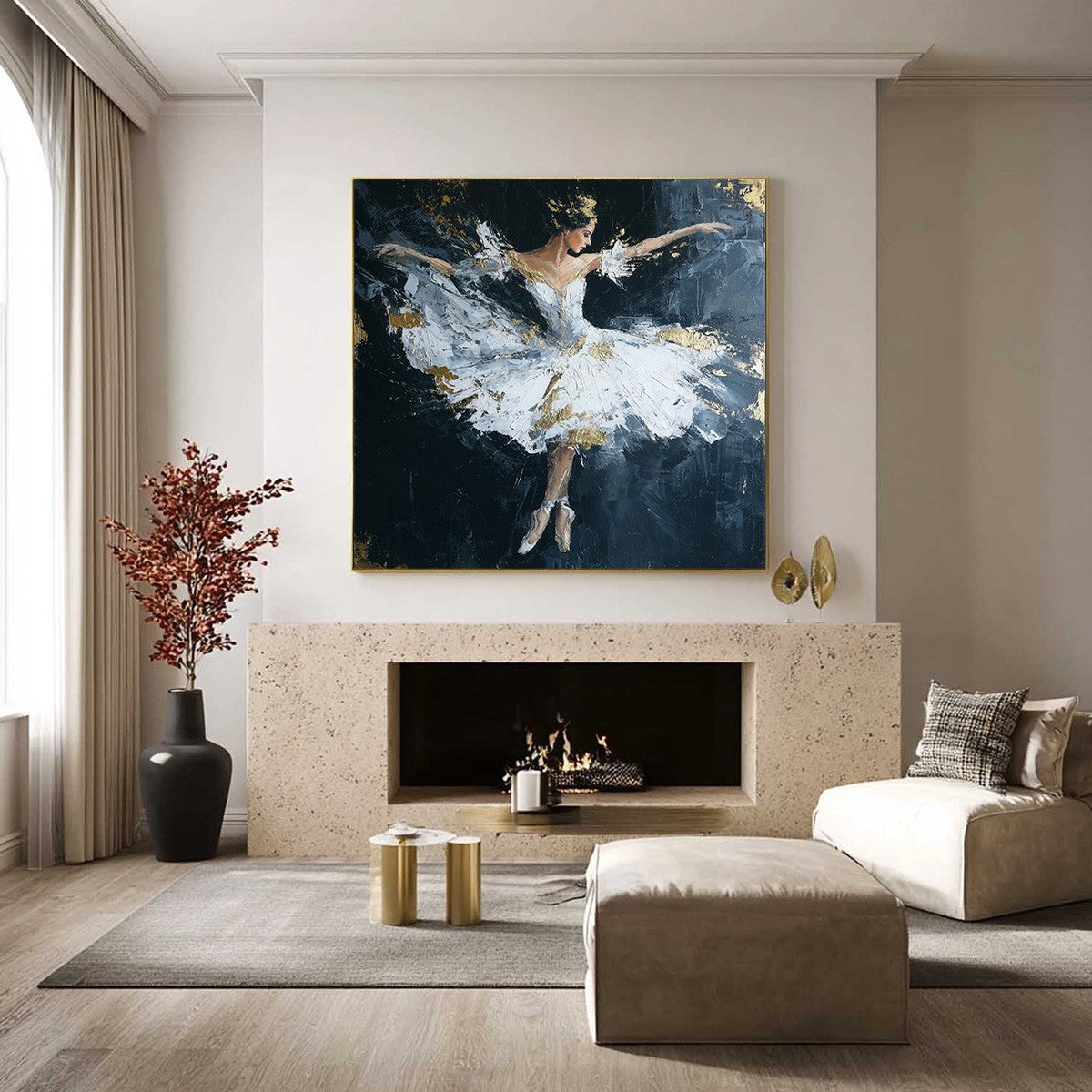 ETHEREAL POISE: Textured Gold Leaf Ballerina Painting