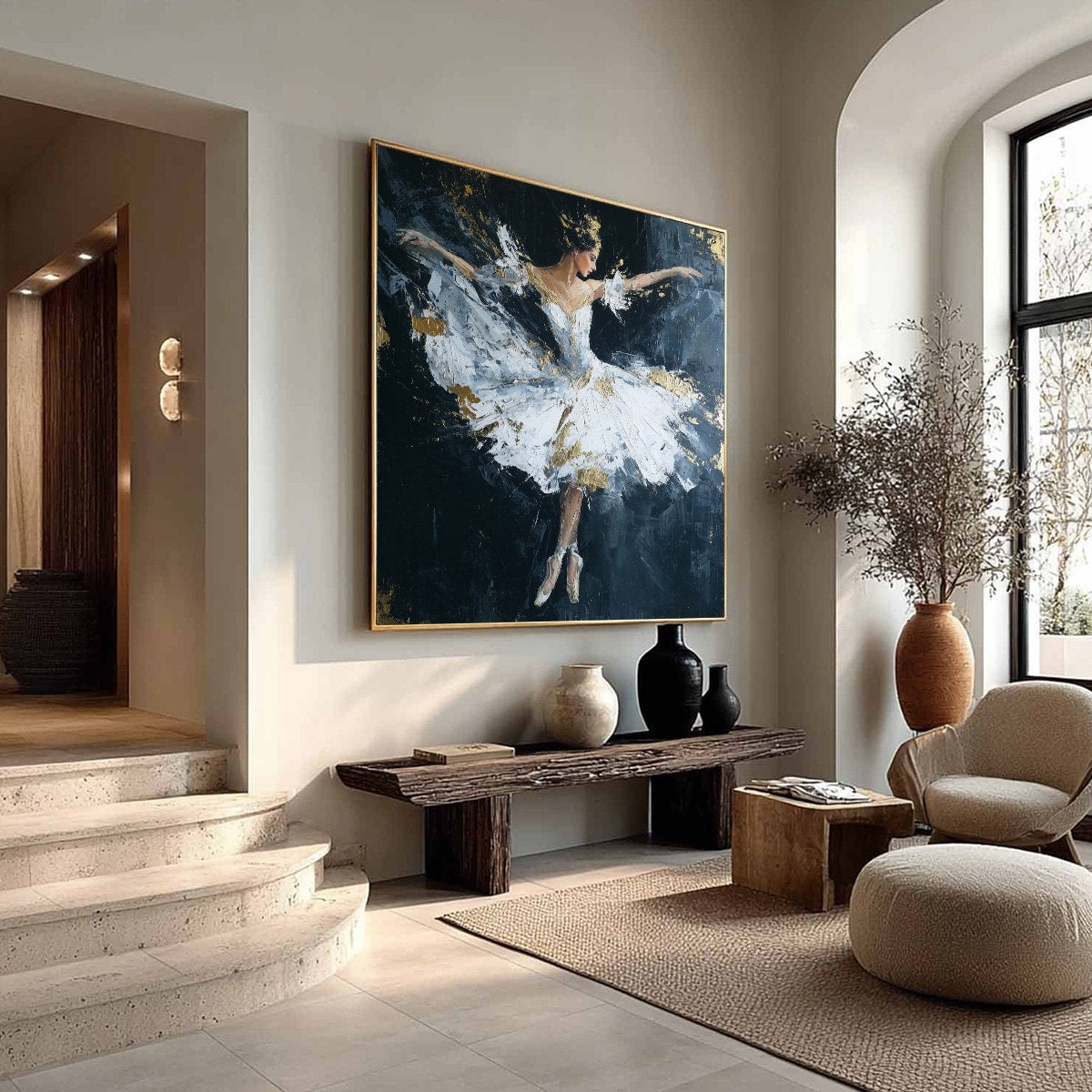 ETHEREAL POISE: Textured Gold Leaf Ballerina Painting