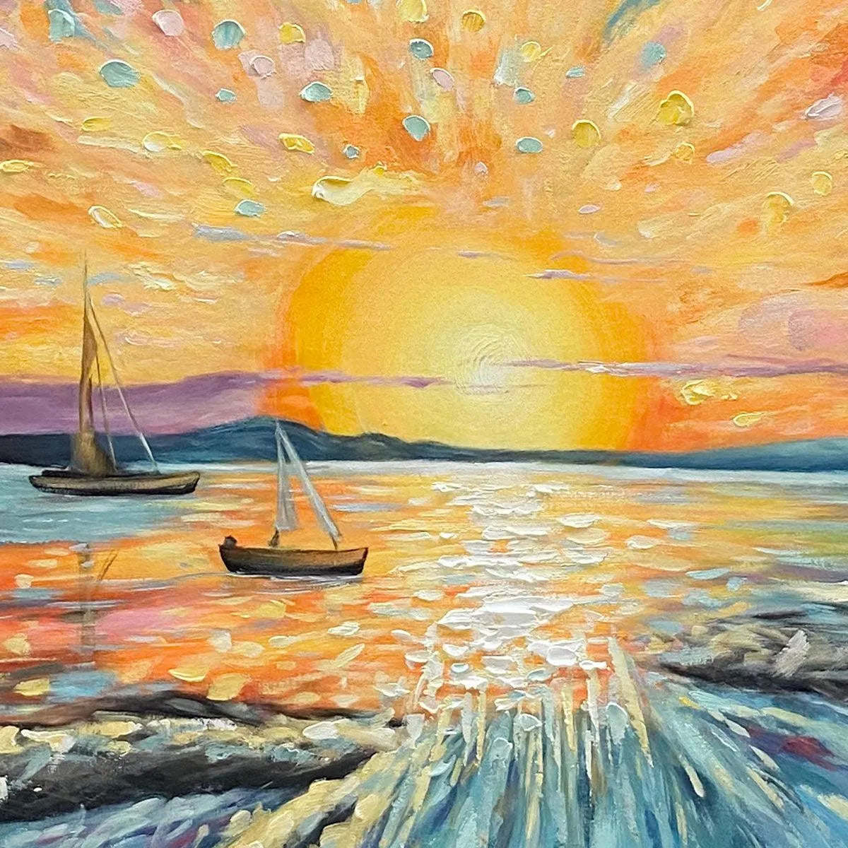 SAILING AT SUNSET: Vibrant Seascape Painting, Panoramic Canvas, Coastal Wall Art