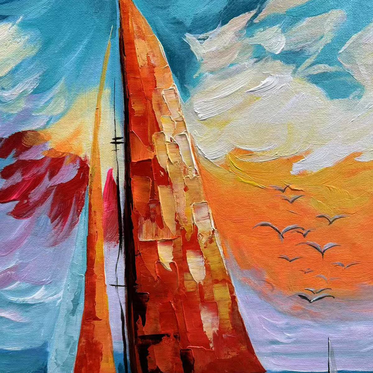 EVENING SAIL: Square Sailboat Painting, Colorful Sunset