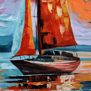EVENING SAIL: Square Sailboat Painting, Colorful Sunset