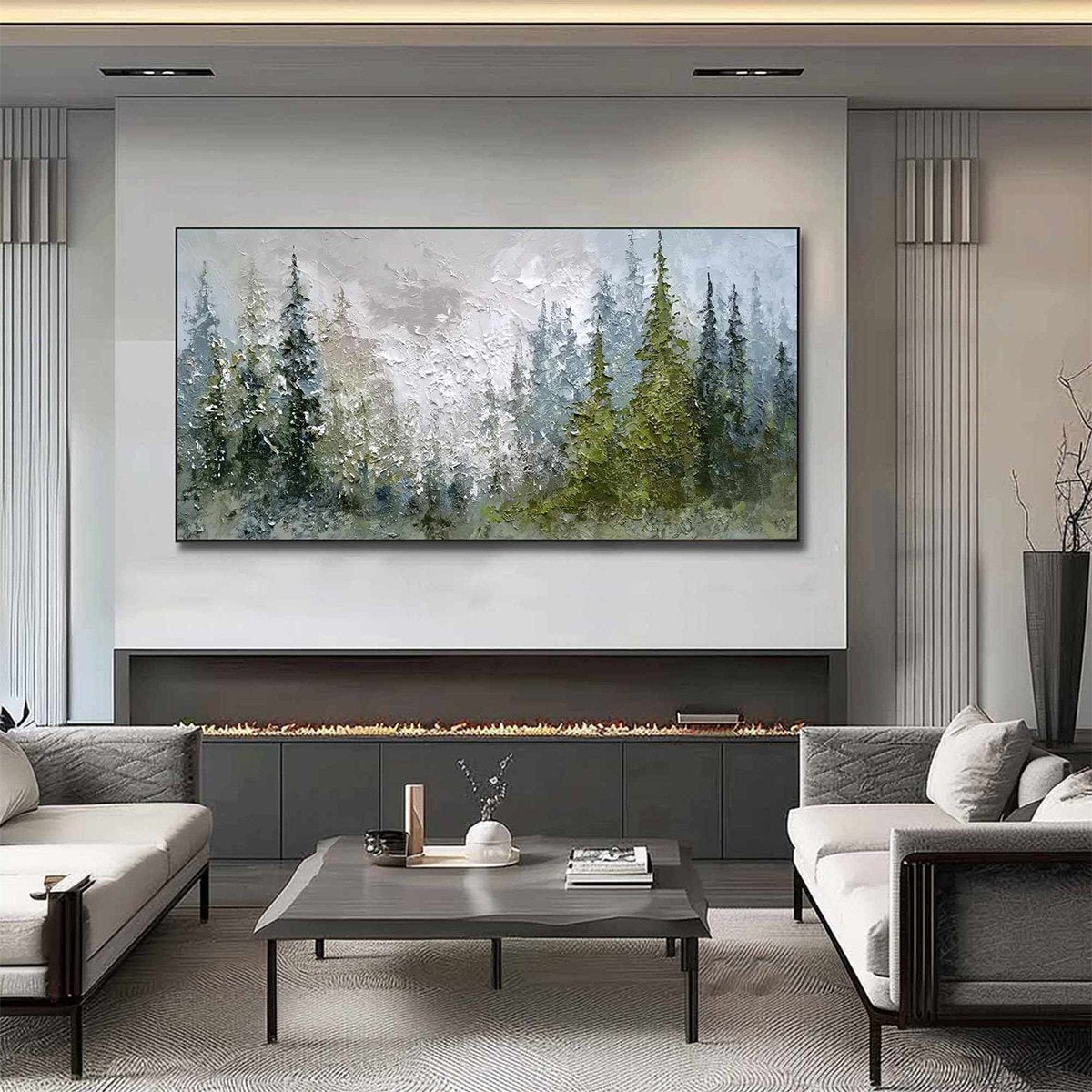 EVERGREEN SERENITY: Textured Impasto Pine Forest Landscape Painting