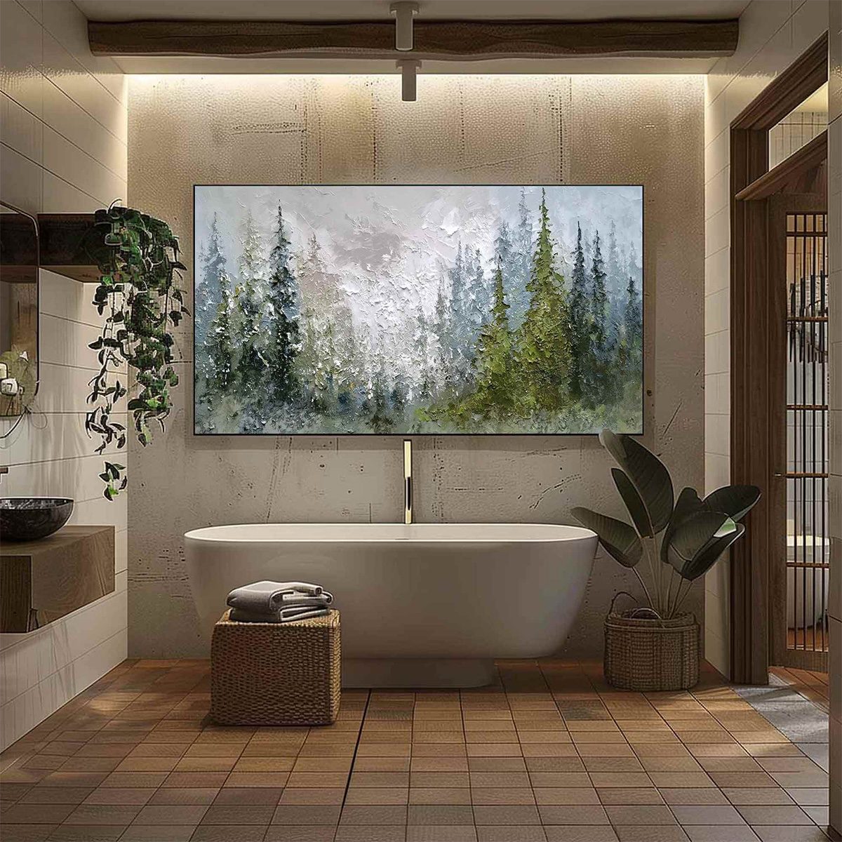 EVERGREEN SERENITY: Textured Impasto Pine Forest Landscape Painting