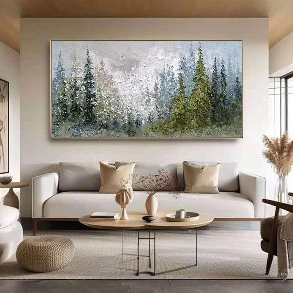 Evergreen Serenity Textured Forest Landscape Oil Painting Wall Art