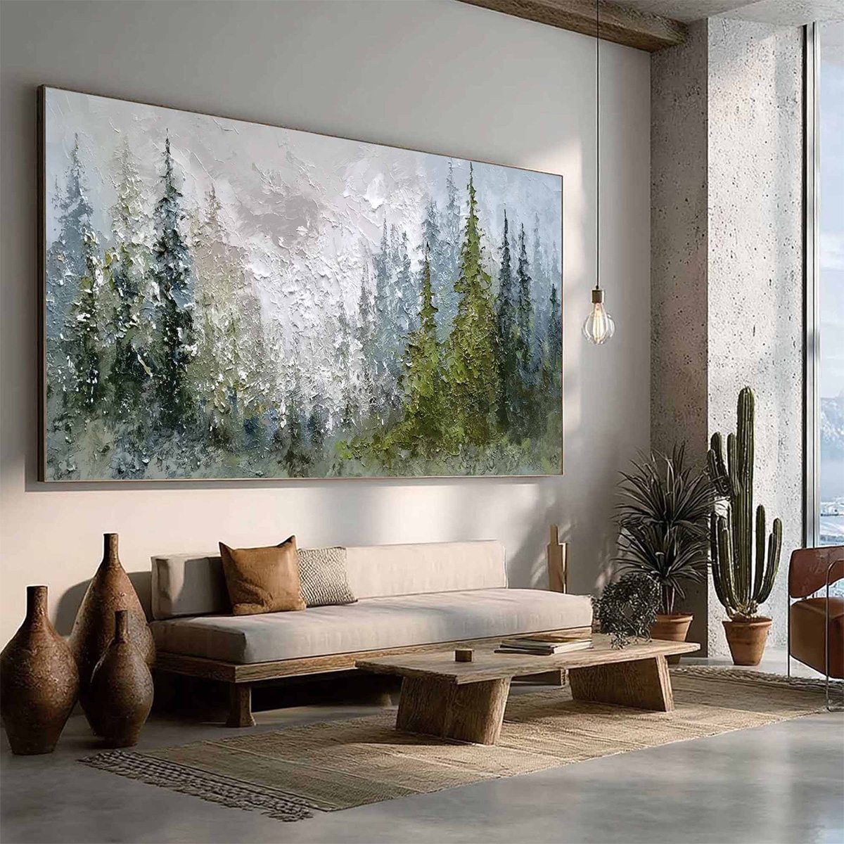 EVERGREEN SERENITY: Textured Impasto Pine Forest Landscape Painting