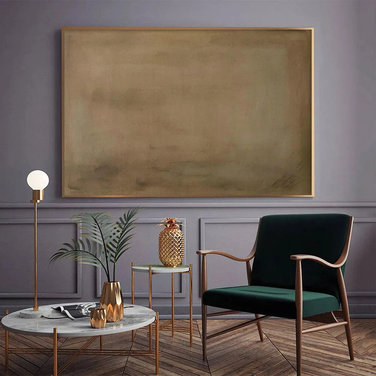Earthy brown abstract painting by Liam O'Connell above green armchair, modern decor focus, original artwork.