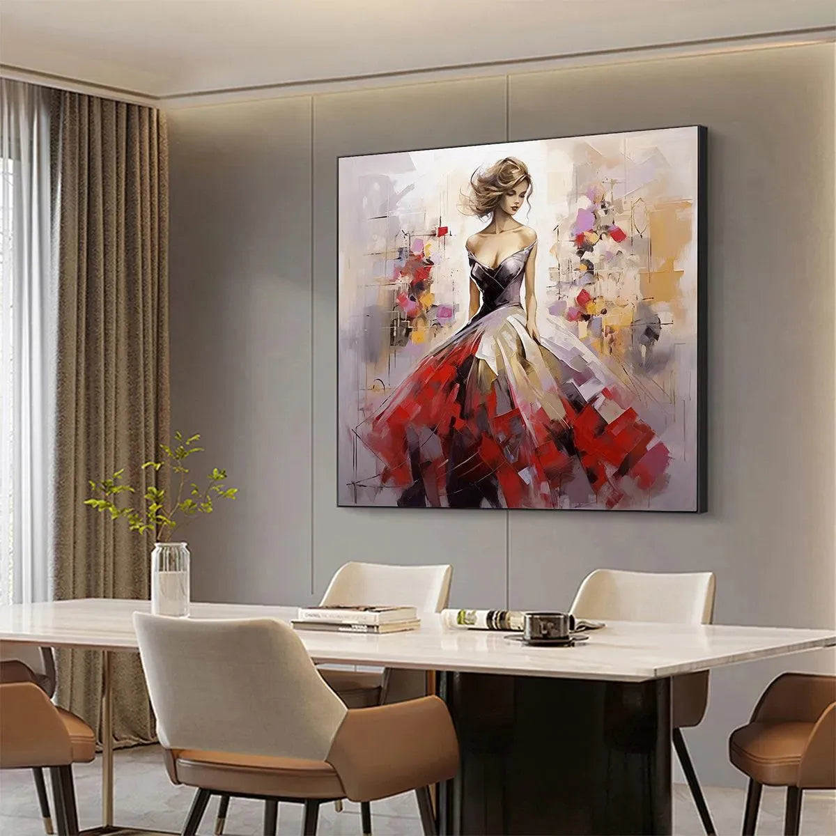 Elegant Lady Oil Painting - Abstract Red Dress Wall Art for Home Decor