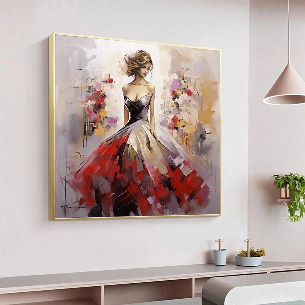 Elegant Lady Oil Painting - Abstract Red Dress Wall Art for Home Decor