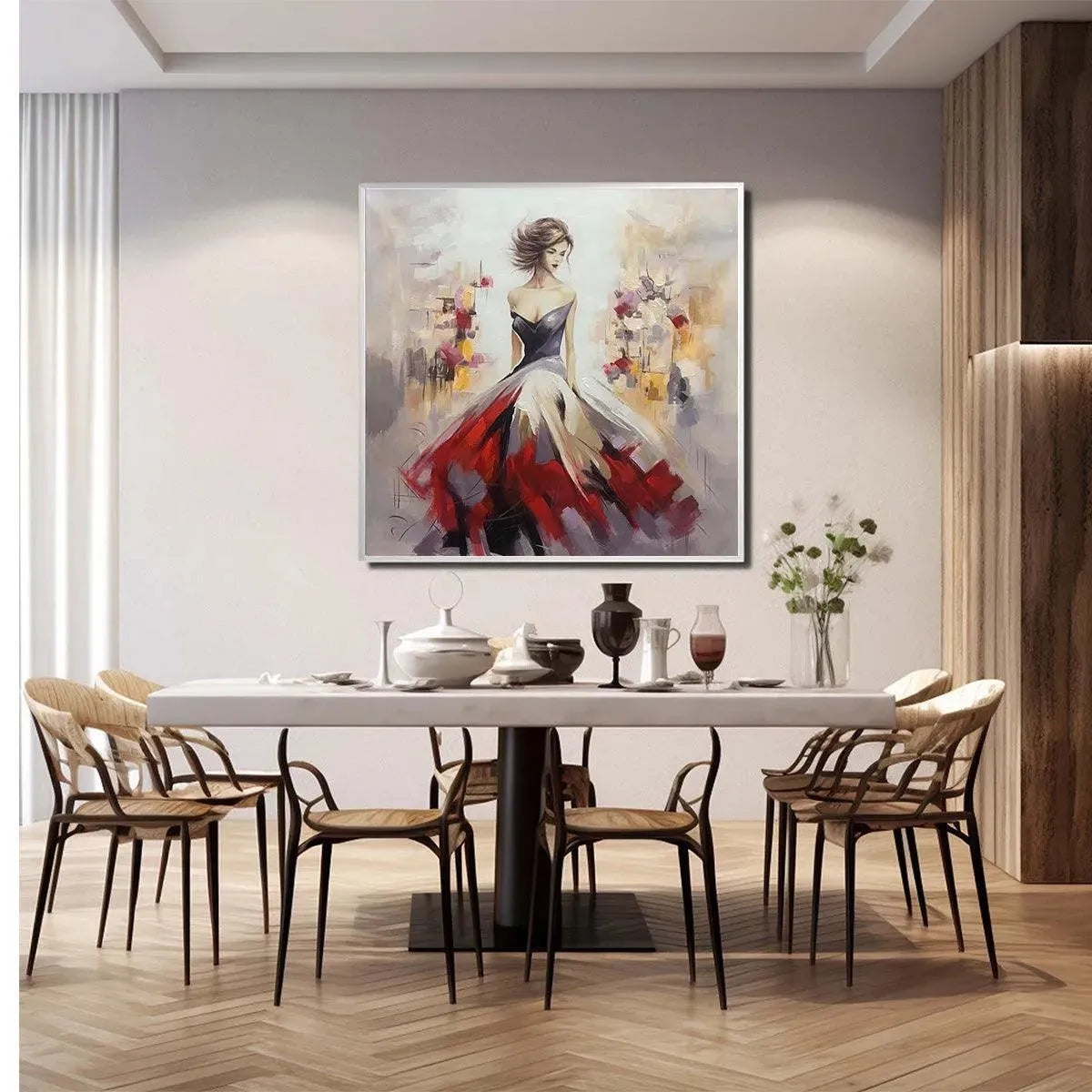 Elegant Lady Oil Painting - Abstract Red Dress Wall Art for Home Decor