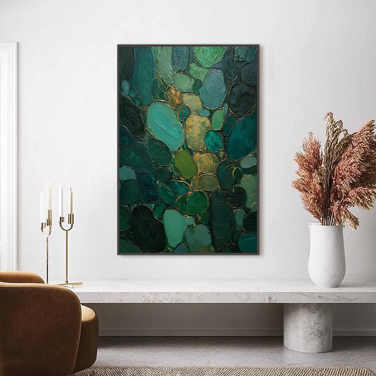 Emerald Riverbed Green Gold Textured Abstract Oil Painting