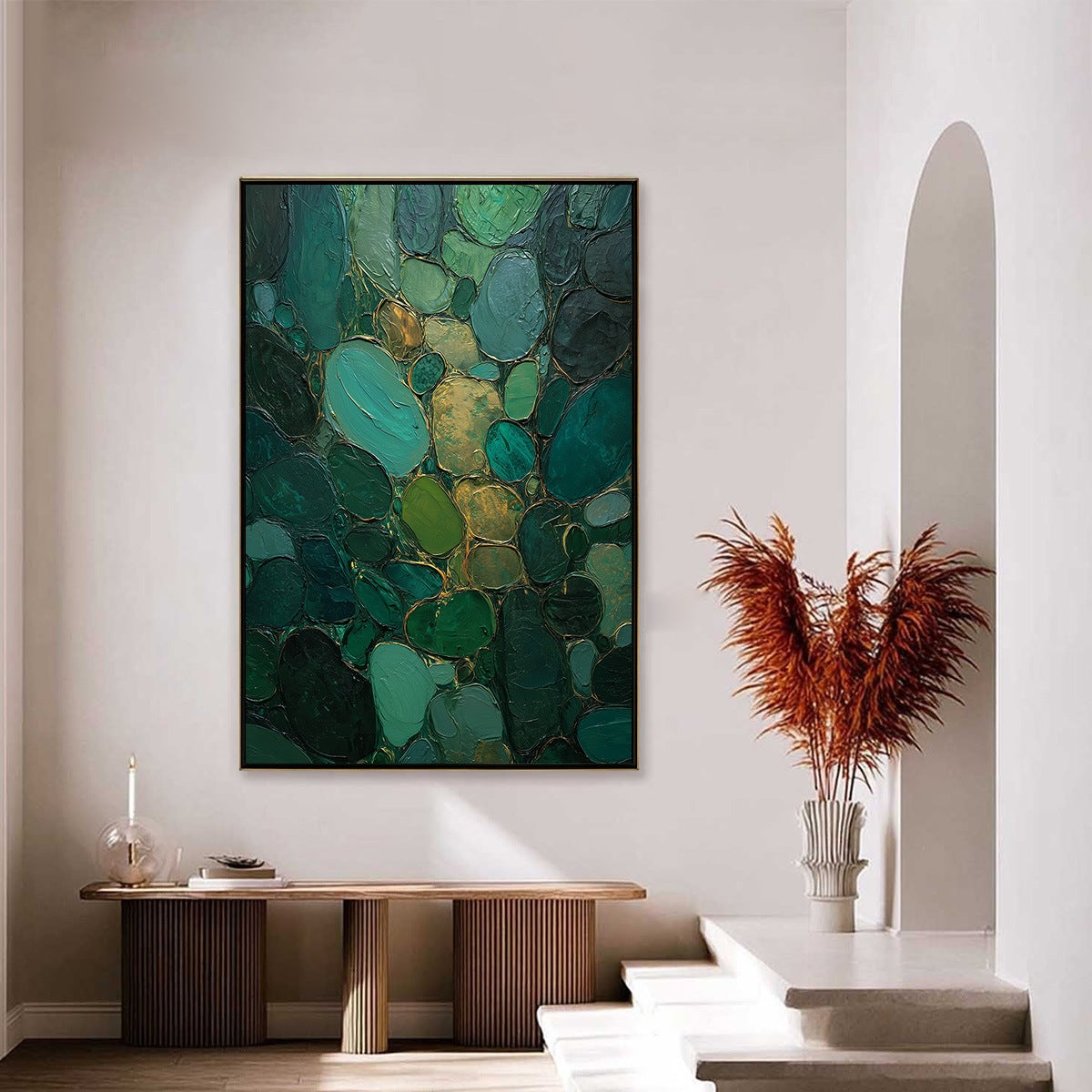 Emerald Riverbed Green Gold Textured Abstract Oil Painting