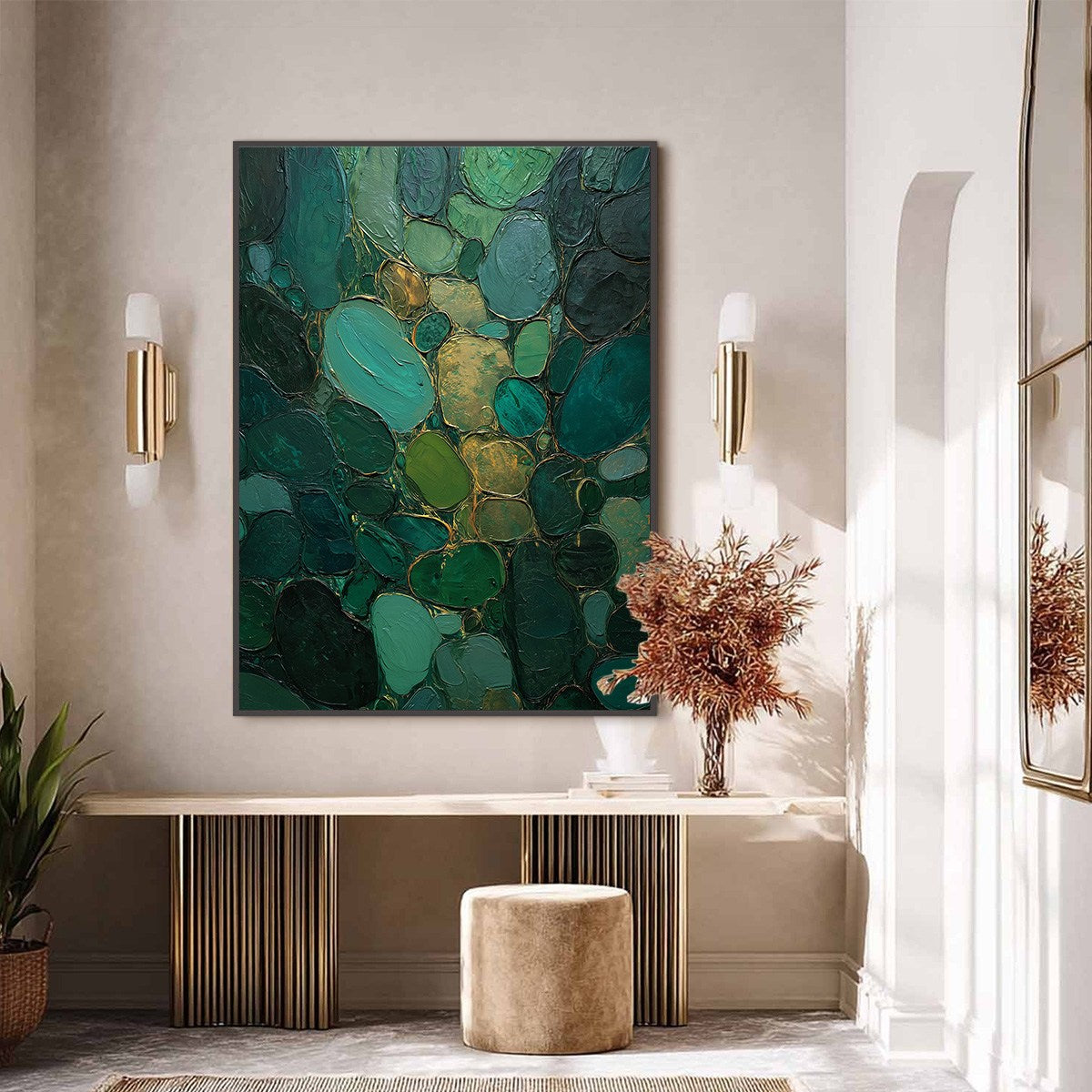 Emerald Riverbed Green Gold Textured Abstract Oil Painting