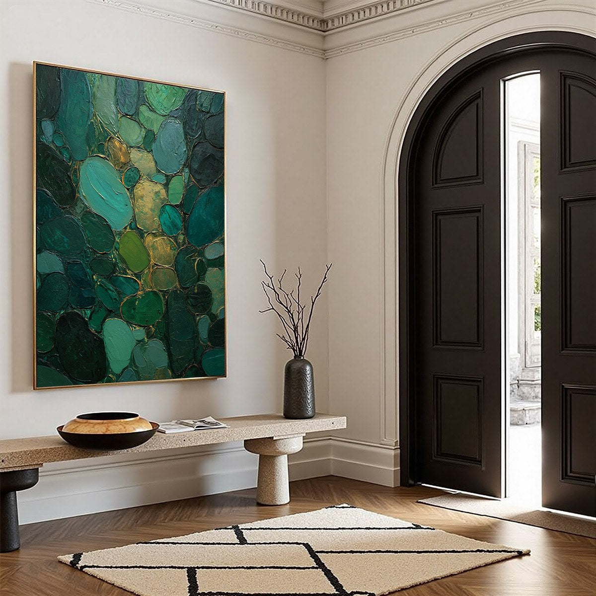 Emerald Riverbed Green Gold Textured Abstract Oil Painting