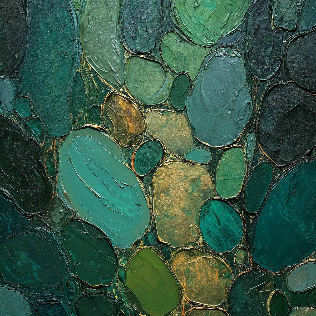 Emerald Riverbed Green Gold Textured Abstract Oil Painting