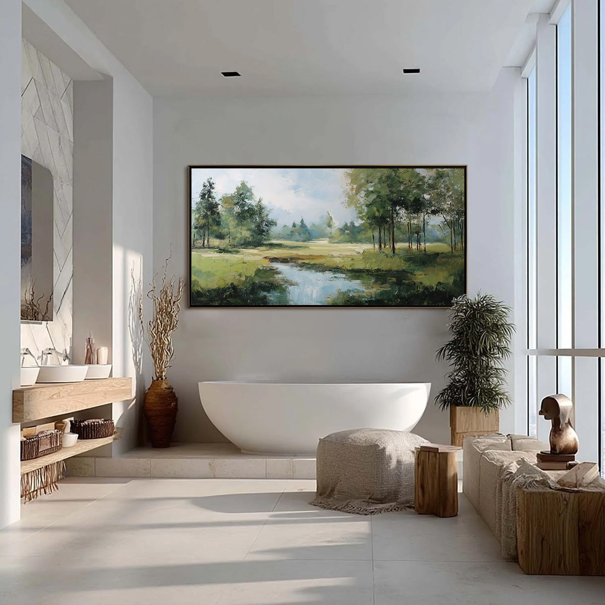 Emerald Sanctuary Green Forest River Landscape Oil Painting