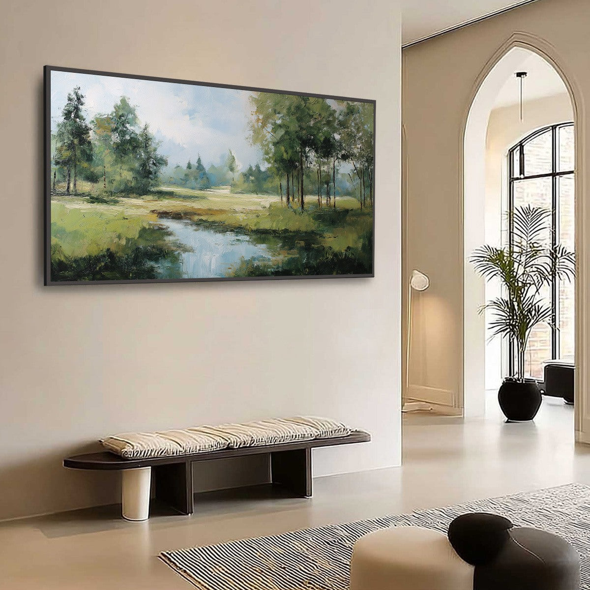 Emerald Sanctuary Green Forest River Landscape Oil Painting