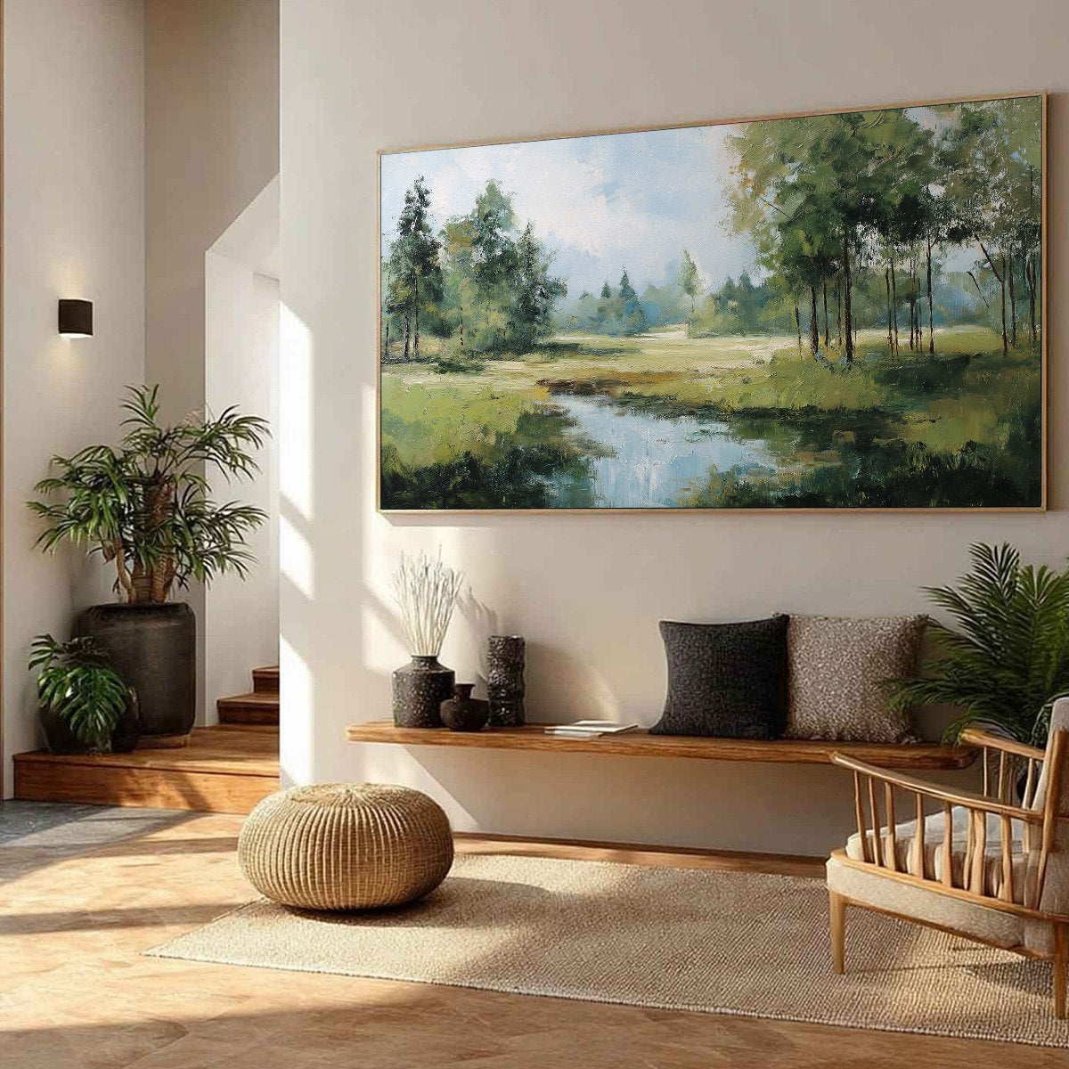 Emerald Sanctuary Green Forest River Landscape Oil Painting