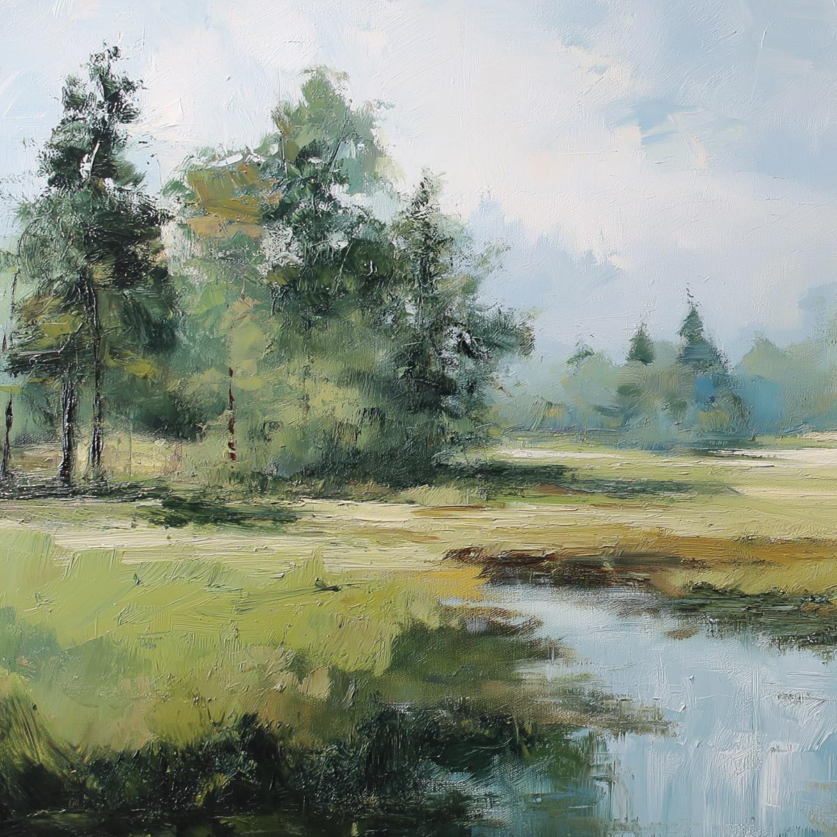 Emerald Sanctuary Green Forest River Landscape Oil Painting