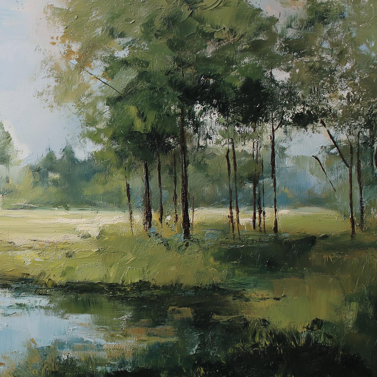 Emerald Sanctuary Green Forest River Landscape Oil Painting