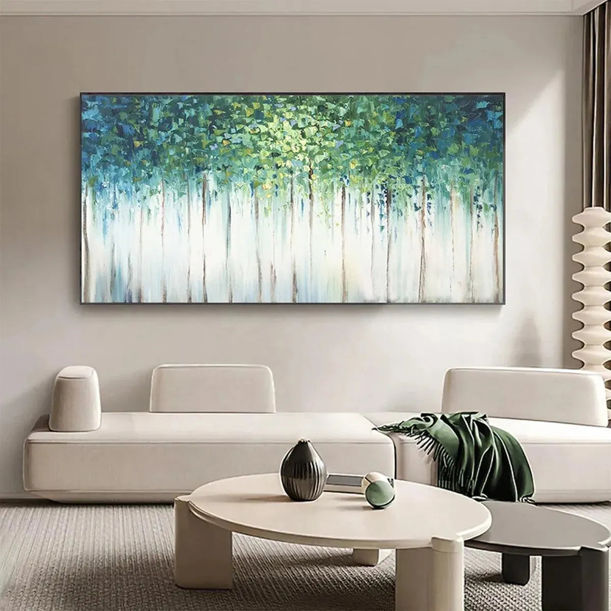 Emerald Forest abstract painting - green blue forest wall art above modern living room sofa.