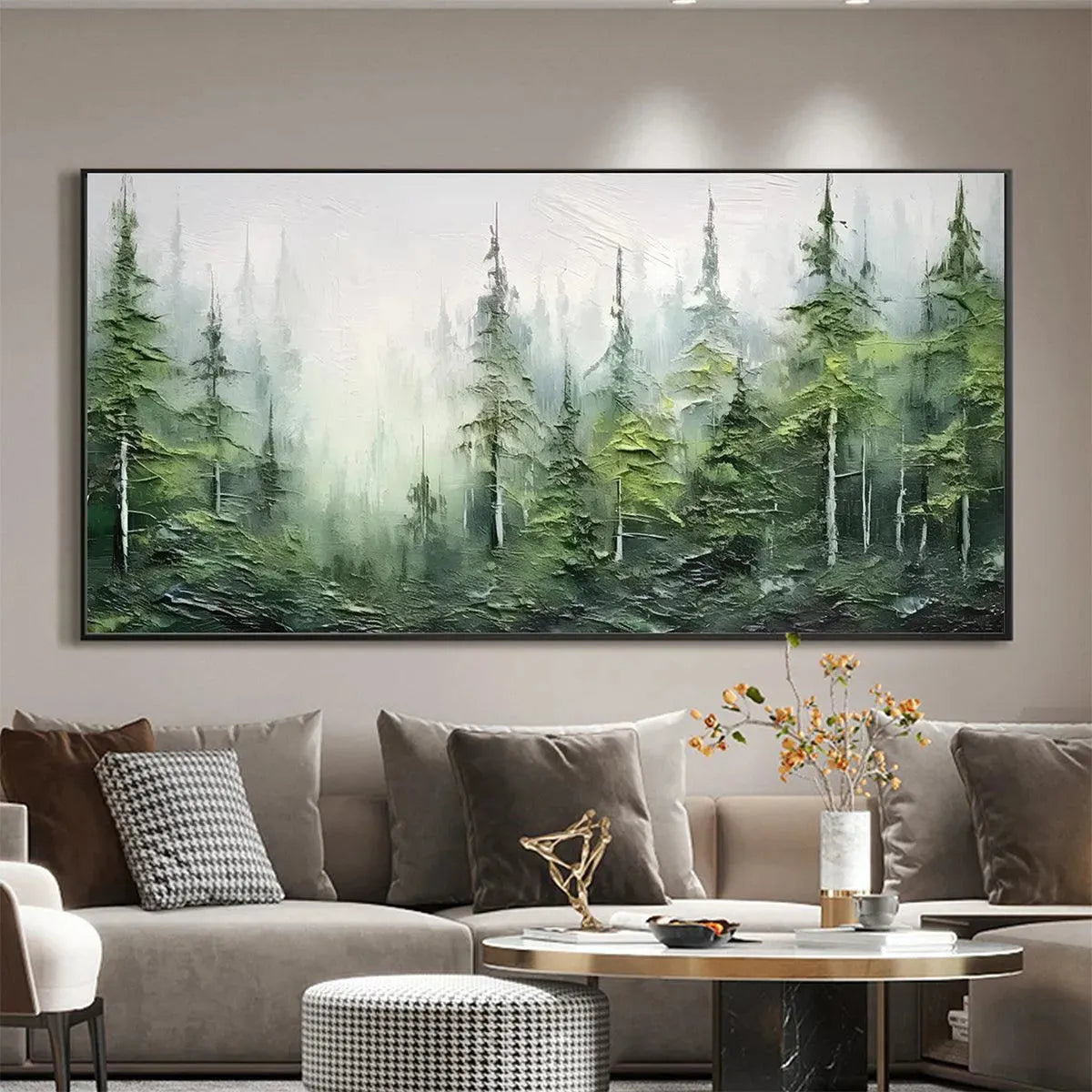 Textured emerald forest impasto painting by Liam O'Connell, atmospheric misty landscape.