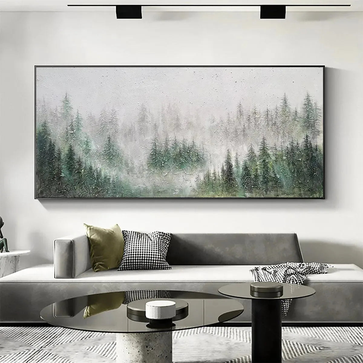 Emerald Mist: Panoramic Misty Forest Landscape Oil Painting on Canvas