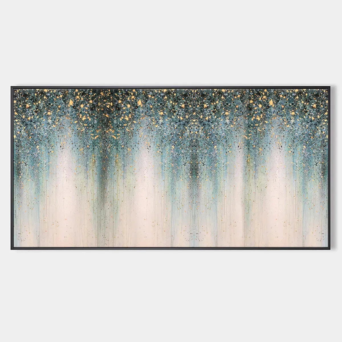 Emerald Rain: Panoramic Abstract Oil Painting with Gold and Green on Canvas