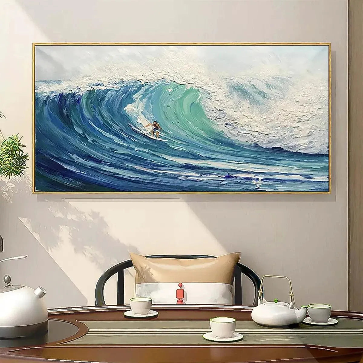 Emerald Surge original textured oil painting by Liam O'Connell, blue-green ocean wave wall art with surfer, gold frame.