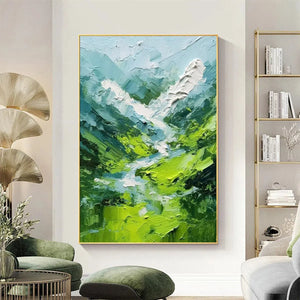 Emerald Valley textured green abstract mountain landscape painting by Willow Davies, vertical impasto artwork in gold frame.